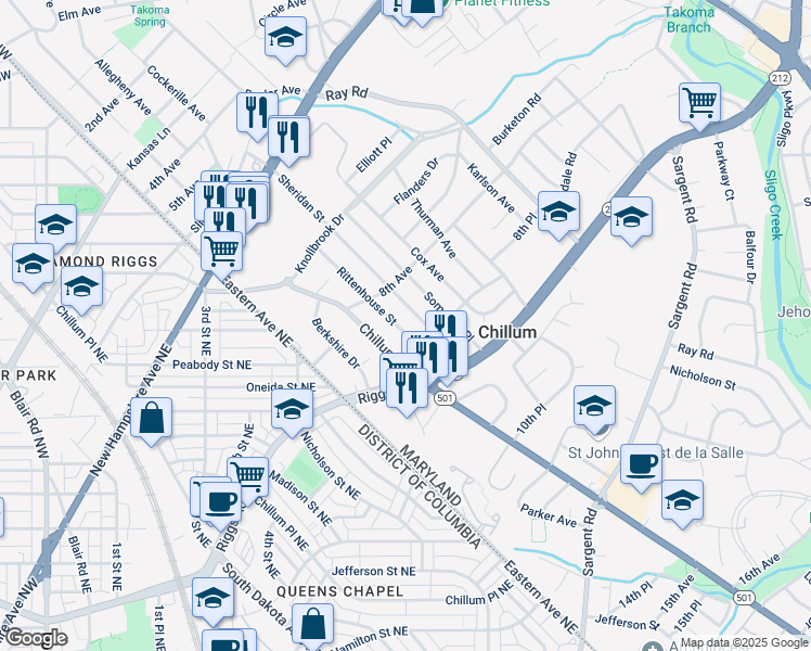 map of restaurants, bars, coffee shops, grocery stores, and more near 812 Rittenhouse St in Hyattsville