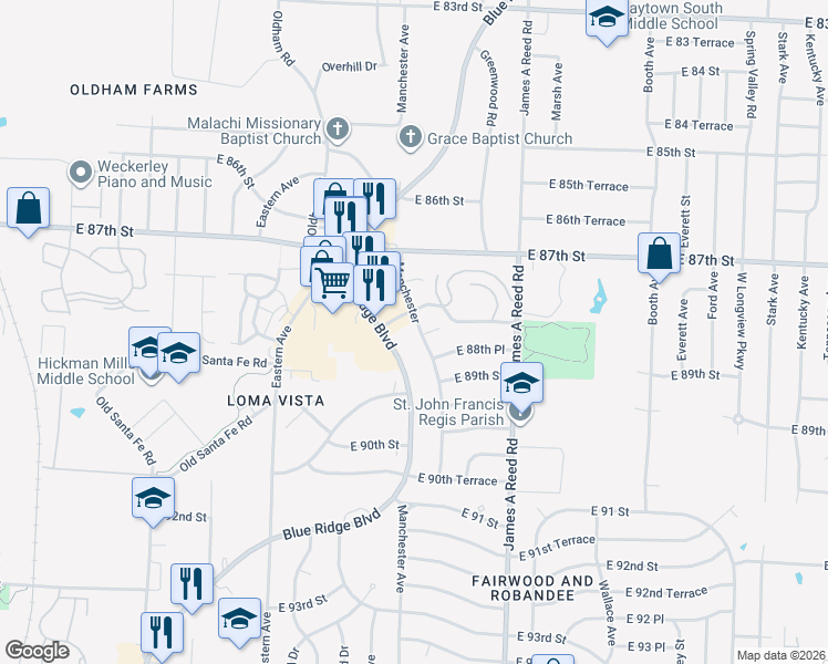 map of restaurants, bars, coffee shops, grocery stores, and more near 7900 East 88th Terrace in Kansas City