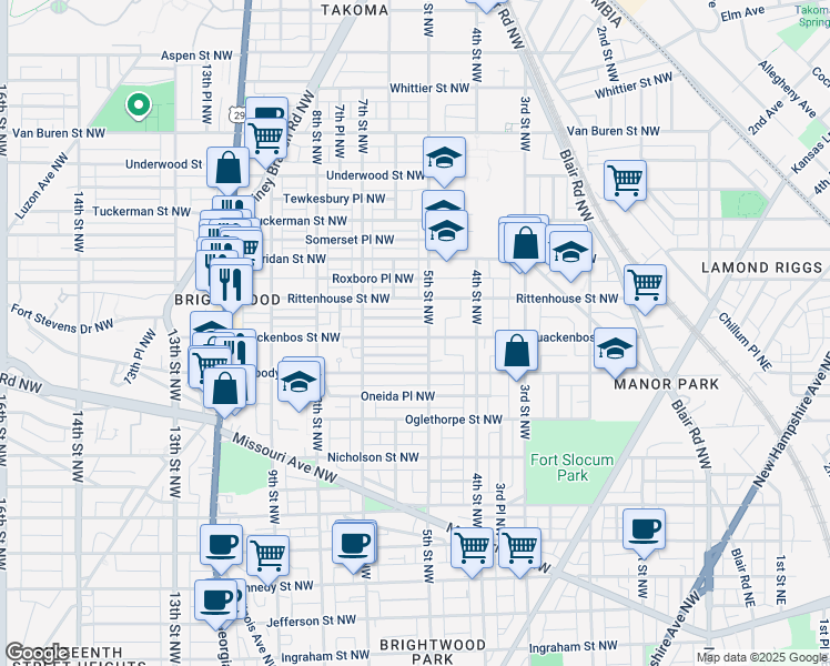 map of restaurants, bars, coffee shops, grocery stores, and more near 507 Quackenbos Street Northwest in Washington