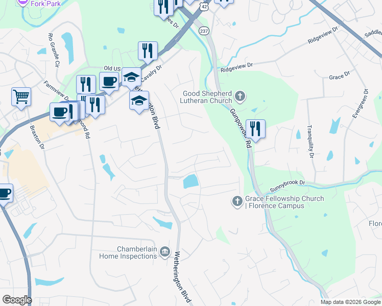 map of restaurants, bars, coffee shops, grocery stores, and more near 1526 Taramore Drive in Florence