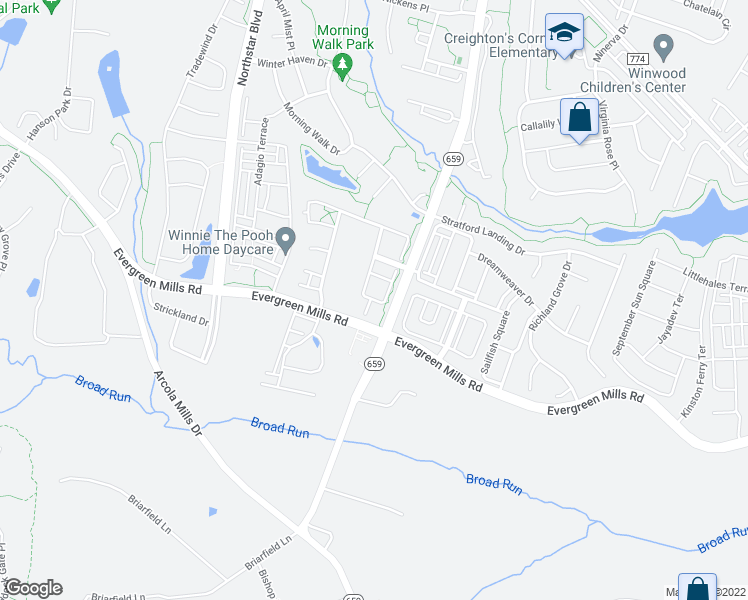 map of restaurants, bars, coffee shops, grocery stores, and more near 23550 Christina Ridge Square in Ashburn