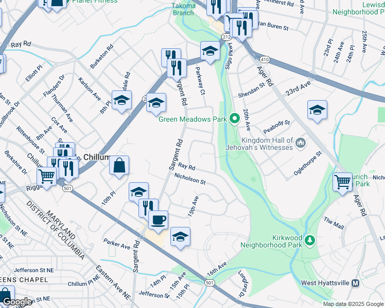 map of restaurants, bars, coffee shops, grocery stores, and more near 6109 Westland Drive in Hyattsville