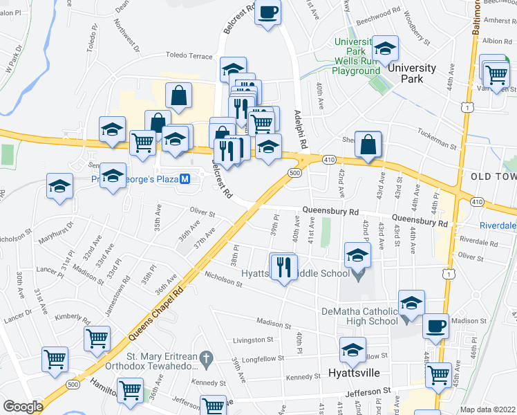 map of restaurants, bars, coffee shops, grocery stores, and more near Queens Chapel Rd & Queensbury Rd in Hyattsville