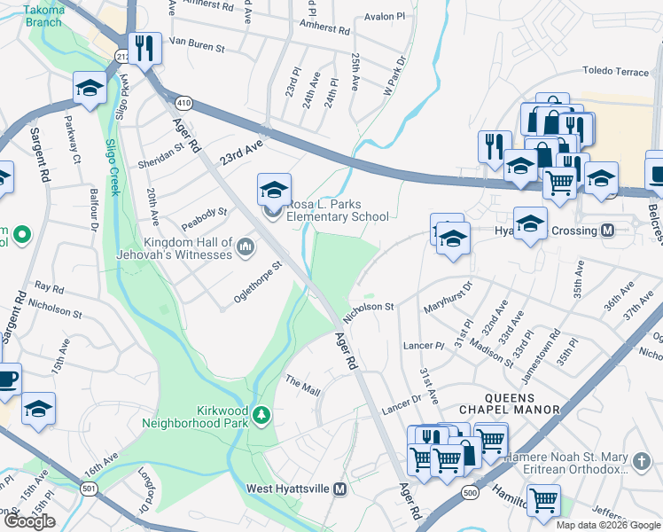 map of restaurants, bars, coffee shops, grocery stores, and more near 6001 Ager Road in Hyattsville