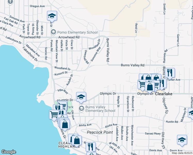 map of restaurants, bars, coffee shops, grocery stores, and more near 14549 Burns Valley Road in Clearlake