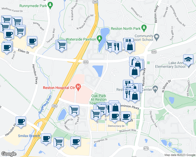 map of restaurants, bars, coffee shops, grocery stores, and more near 12099 Edgemere Circle in Reston
