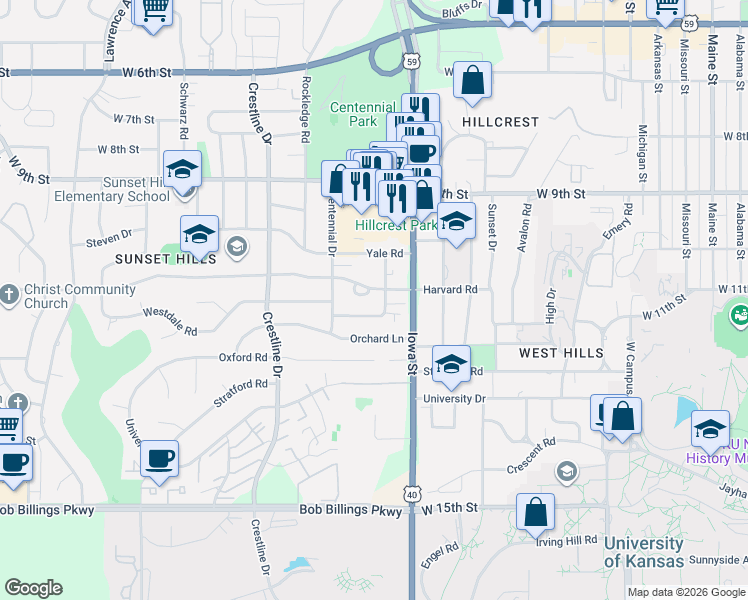 map of restaurants, bars, coffee shops, grocery stores, and more near 2205 Harvard Road in Lawrence