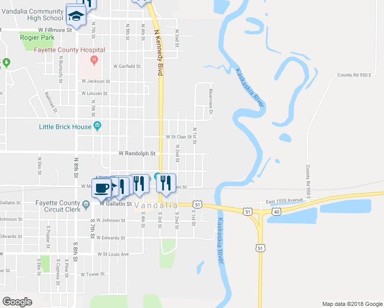 map of restaurants, bars, coffee shops, grocery stores, and more near 113 West Randolph Street in Vandalia