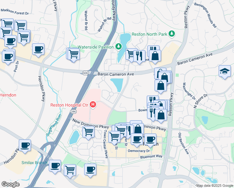 map of restaurants, bars, coffee shops, grocery stores, and more near 12099 Edgemere Circle in Reston