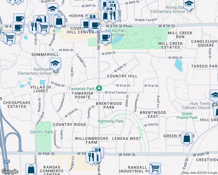 map of restaurants, bars, coffee shops, grocery stores, and more near 14909 West 90th Terrace in Lenexa
