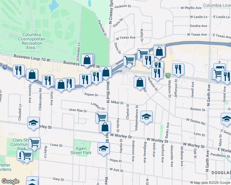 map of restaurants, bars, coffee shops, grocery stores, and more near 1000 West Boulevard North in Columbia