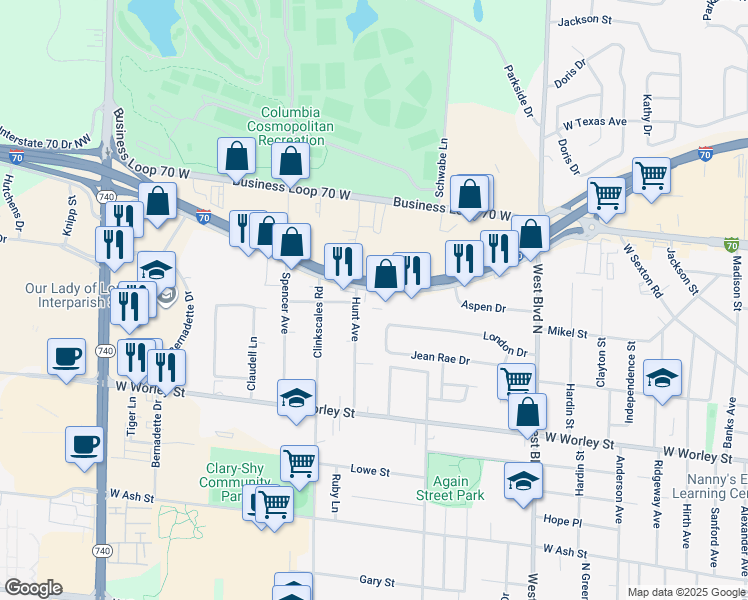 map of restaurants, bars, coffee shops, grocery stores, and more near 1410 Interstate 70 Drive Southwest in Columbia