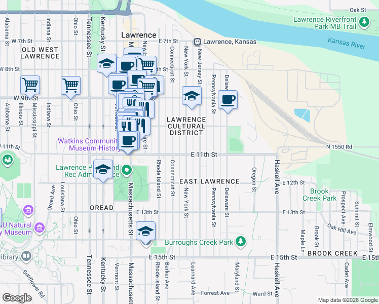 map of restaurants, bars, coffee shops, grocery stores, and more near 1040 New York Street in Lawrence