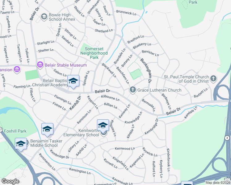 map of restaurants, bars, coffee shops, grocery stores, and more near Belair Drive in Bowie