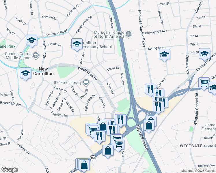 map of restaurants, bars, coffee shops, grocery stores, and more near 5914 85th Avenue in New Carrollton