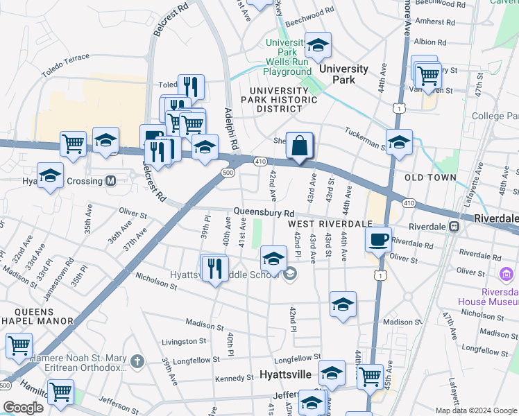 map of restaurants, bars, coffee shops, grocery stores, and more near 4108 Queensbury Road in Hyattsville