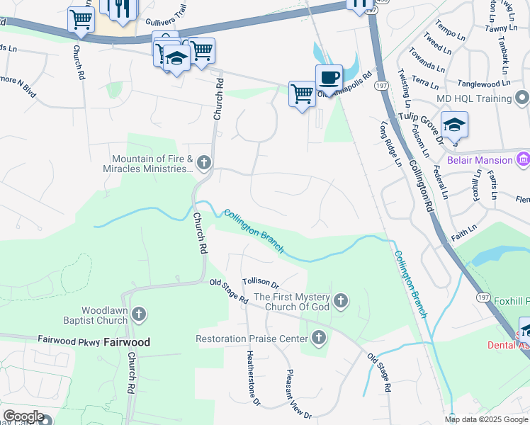 map of restaurants, bars, coffee shops, grocery stores, and more near 5414 Lakeford Lane in Bowie