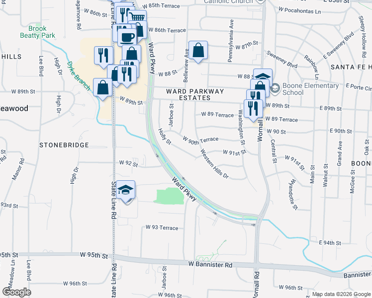 map of restaurants, bars, coffee shops, grocery stores, and more near 9037 Holly Street in Kansas City