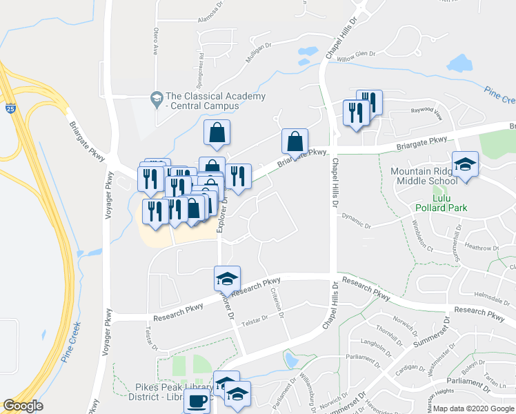 map of restaurants, bars, coffee shops, grocery stores, and more near 8655 Explorer Drive in Colorado Springs