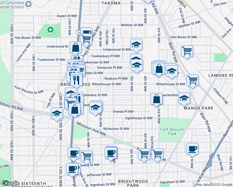 map of restaurants, bars, coffee shops, grocery stores, and more near 615 Quackenbos Street Northwest in Washington