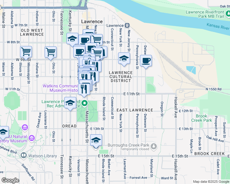 map of restaurants, bars, coffee shops, grocery stores, and more near 300 East 11th Street in Lawrence
