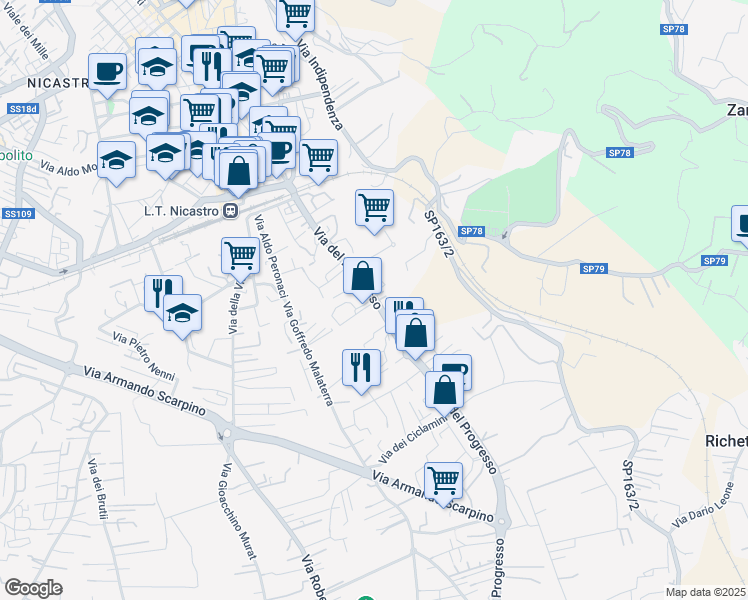 map of restaurants, bars, coffee shops, grocery stores, and more near 116 Via dei Gelsomini in Lamezia Terme