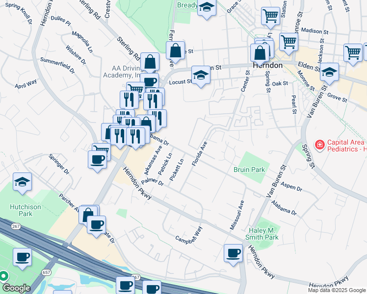 map of restaurants, bars, coffee shops, grocery stores, and more near 808 Alabama Drive in Herndon