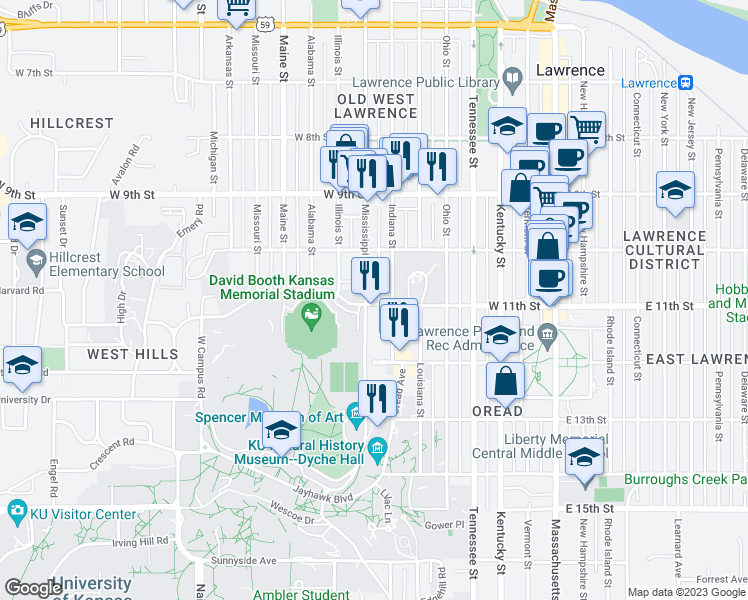 map of restaurants, bars, coffee shops, grocery stores, and more near 1040 Mississippi Street in Lawrence