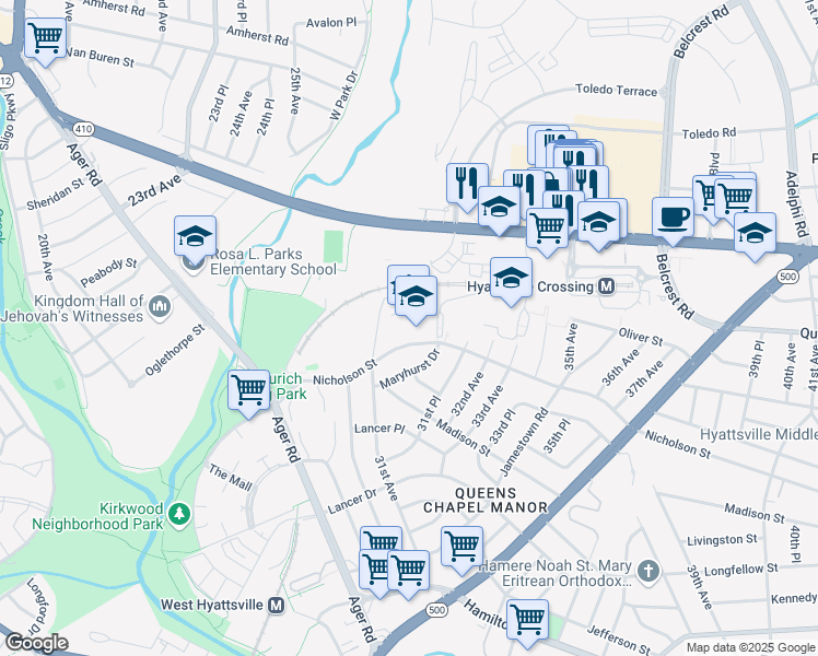 map of restaurants, bars, coffee shops, grocery stores, and more near 3120 Nicholson Street in Hyattsville