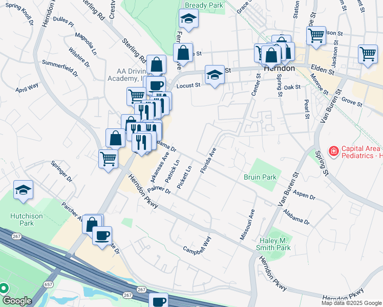 map of restaurants, bars, coffee shops, grocery stores, and more near 808 Alabama Drive in Herndon