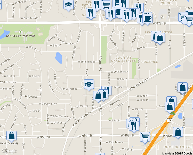 map of restaurants, bars, coffee shops, grocery stores, and more near 13513 West 90th Place in Lenexa