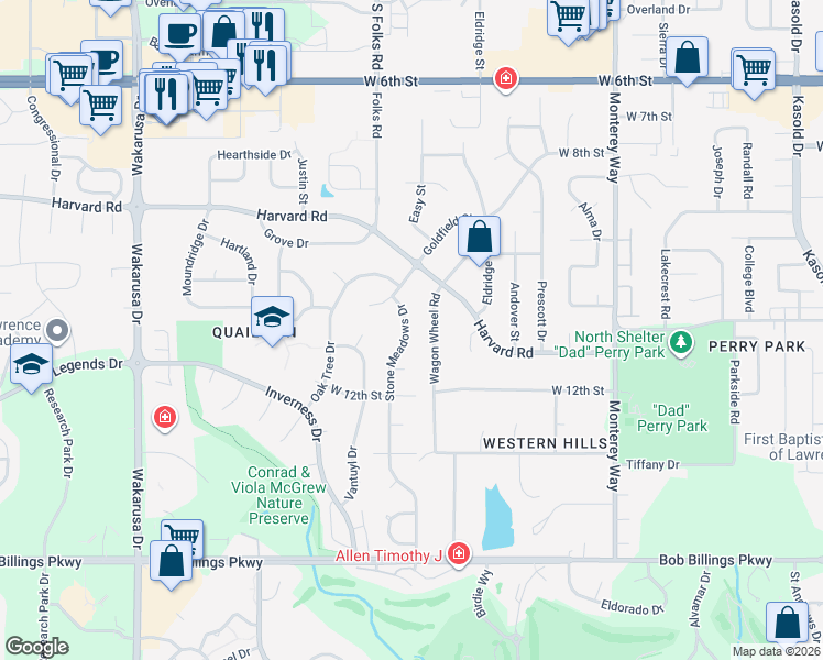 map of restaurants, bars, coffee shops, grocery stores, and more near 1016 Stone Meadows Drive in Lawrence