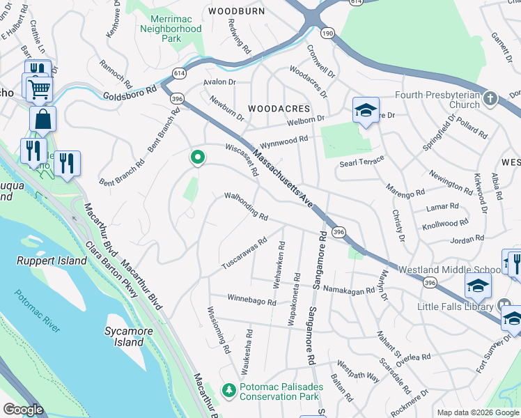 map of restaurants, bars, coffee shops, grocery stores, and more near 6101 Wiscasset Road in Bethesda