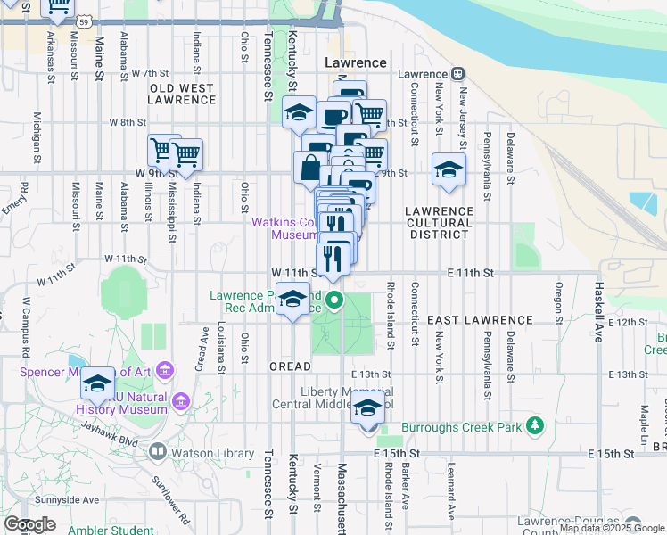 map of restaurants, bars, coffee shops, grocery stores, and more near 1047 Massachusetts Street in Lawrence