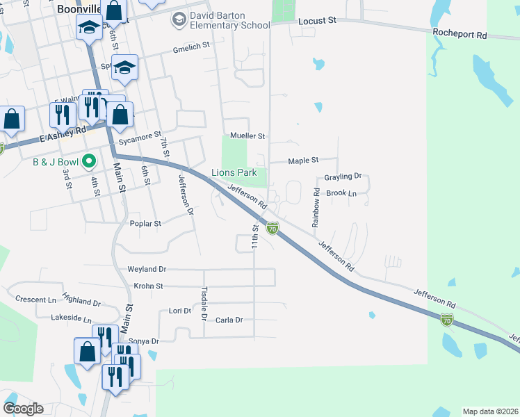 map of restaurants, bars, coffee shops, grocery stores, and more near 1027-1047 Jefferson Road in Boonville