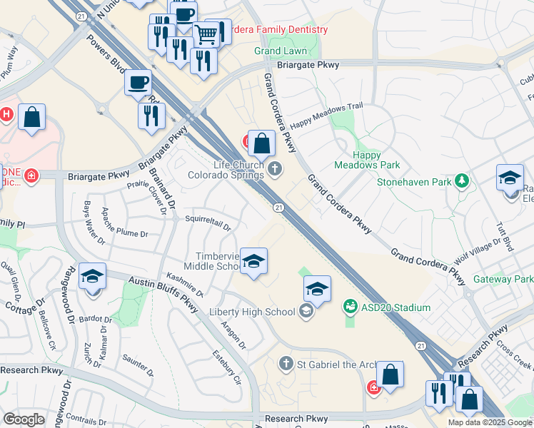map of restaurants, bars, coffee shops, grocery stores, and more near 9464 Wolf Pack Terrace in Colorado Springs
