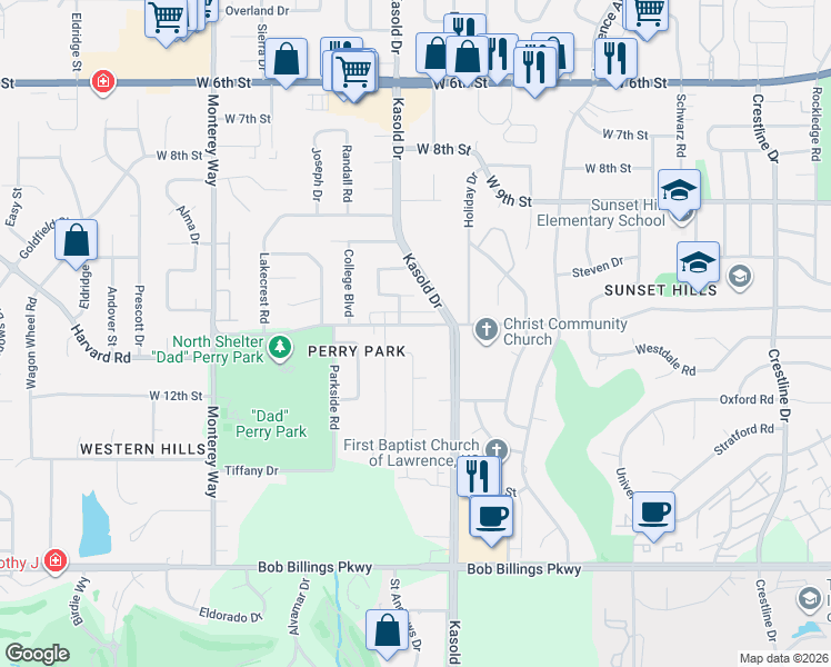 map of restaurants, bars, coffee shops, grocery stores, and more near 3411 Harvard Road in Lawrence