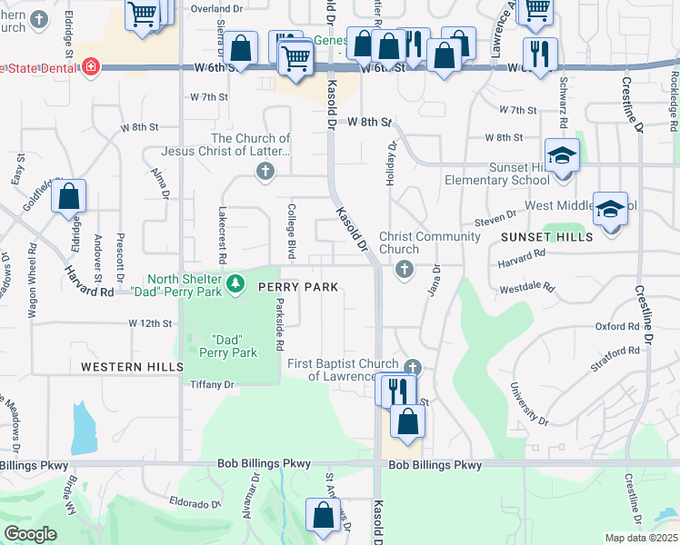 map of restaurants, bars, coffee shops, grocery stores, and more near 1102 Randall Road in Lawrence