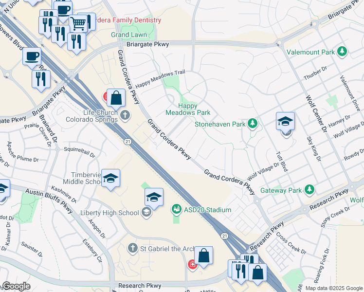 map of restaurants, bars, coffee shops, grocery stores, and more near 9108 Lizard Rock Trail in Colorado Springs
