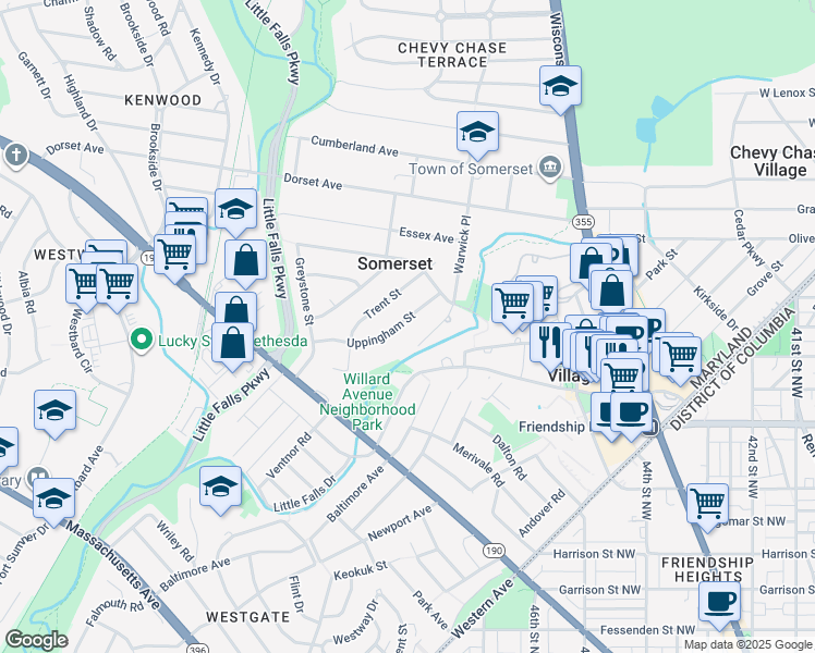map of restaurants, bars, coffee shops, grocery stores, and more near 5519 Uppingham Street in Chevy Chase