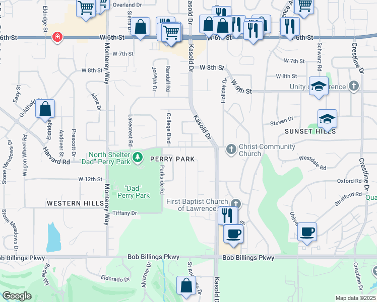 map of restaurants, bars, coffee shops, grocery stores, and more near 1102 Randall Road in Lawrence