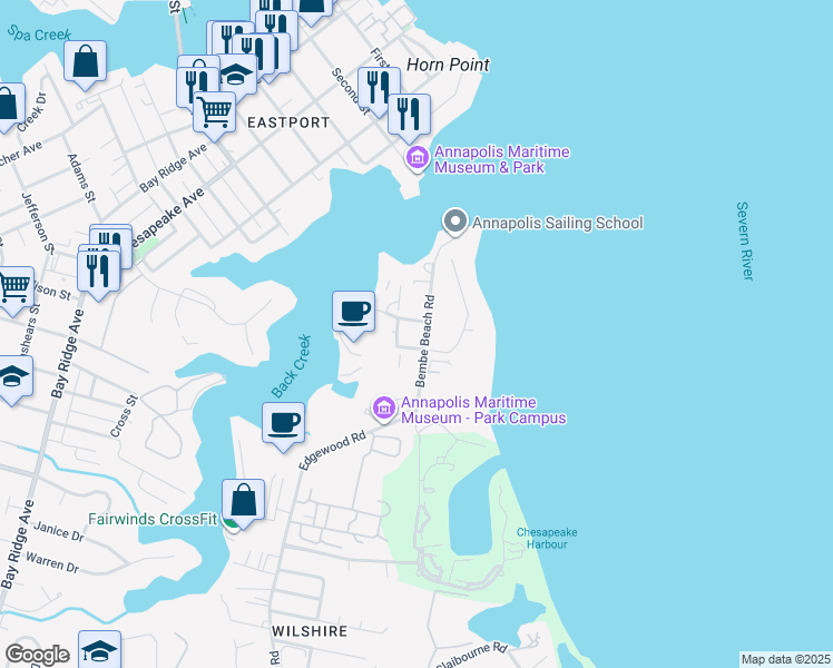 map of restaurants, bars, coffee shops, grocery stores, and more near 7056 Bembe Beach Road in Annapolis