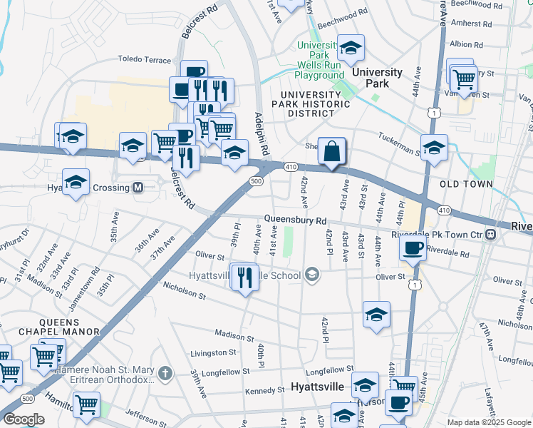 map of restaurants, bars, coffee shops, grocery stores, and more near 4004 Queensbury Road in Hyattsville