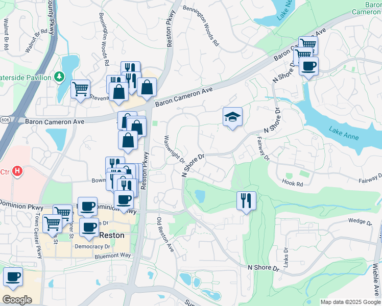 map of restaurants, bars, coffee shops, grocery stores, and more near 1843 Wainwright Drive in Reston