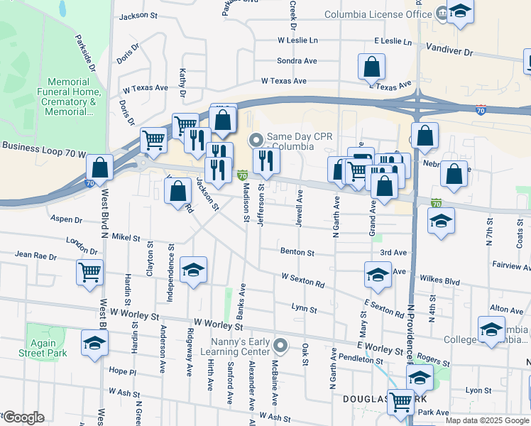 map of restaurants, bars, coffee shops, grocery stores, and more near 1104 Jefferson St in Columbia