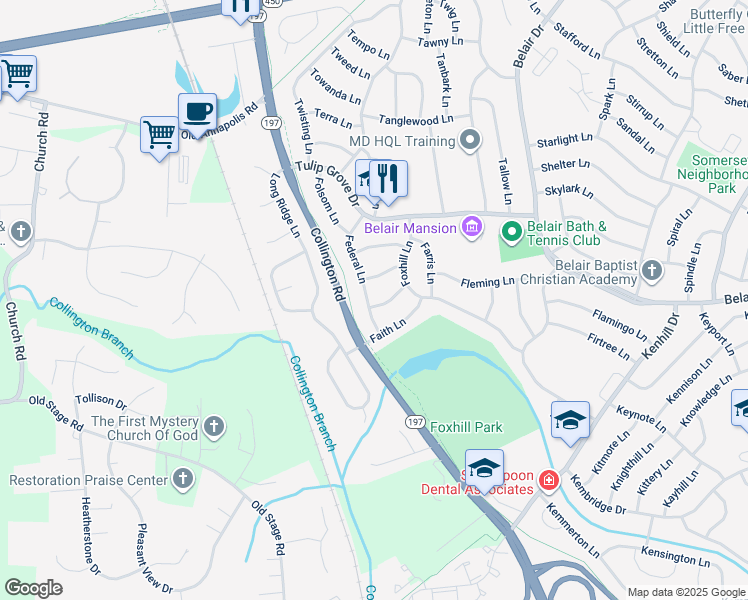 map of restaurants, bars, coffee shops, grocery stores, and more near 2709 Federal Lane in Bowie