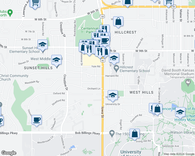 map of restaurants, bars, coffee shops, grocery stores, and more near 2111 Harvard Road in Lawrence