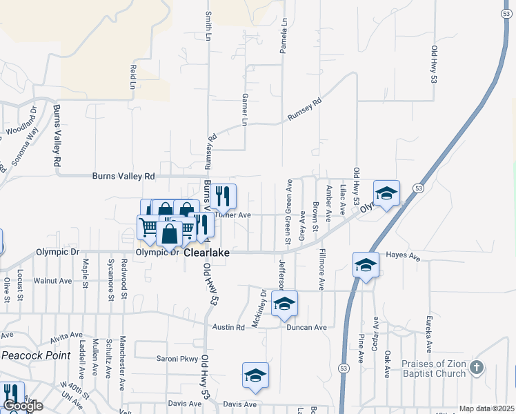 map of restaurants, bars, coffee shops, grocery stores, and more near 3341 Jackson Street in Clearlake