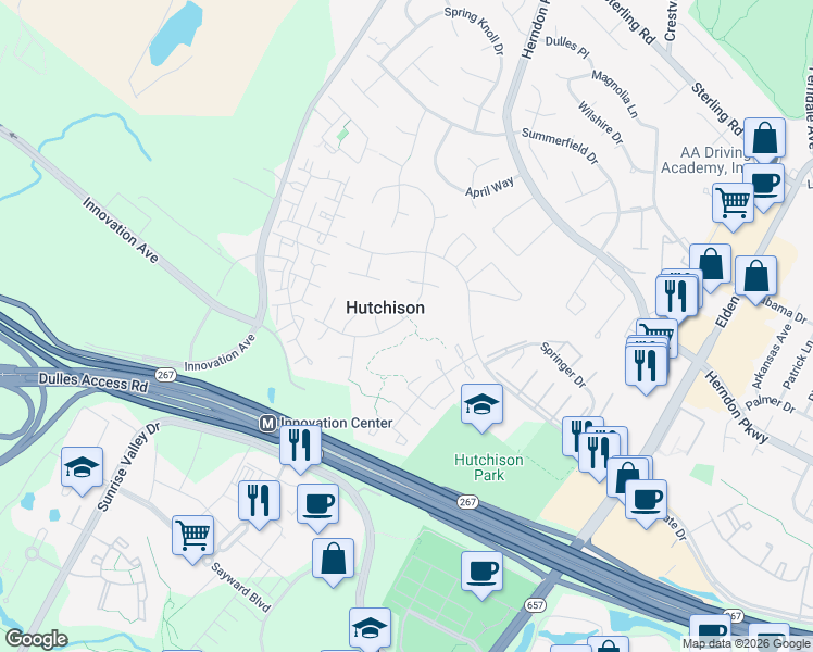 map of restaurants, bars, coffee shops, grocery stores, and more near 2117 Maleady Drive in Herndon