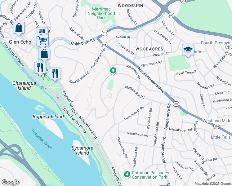 map of restaurants, bars, coffee shops, grocery stores, and more near 6237 Walhonding Road in Bethesda